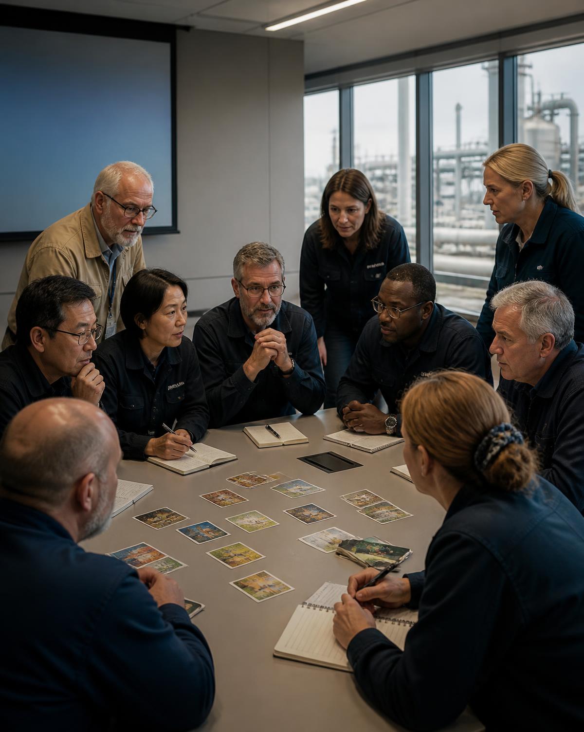 Nine industrial leaders in an engaged workshop conversation around one table